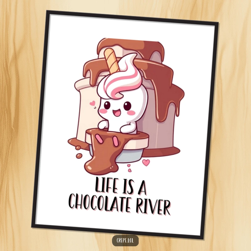 Funny Free Printable Wall Art: Gleeful churro character sliding down a chocolate fountain, adding fun humor to decor.