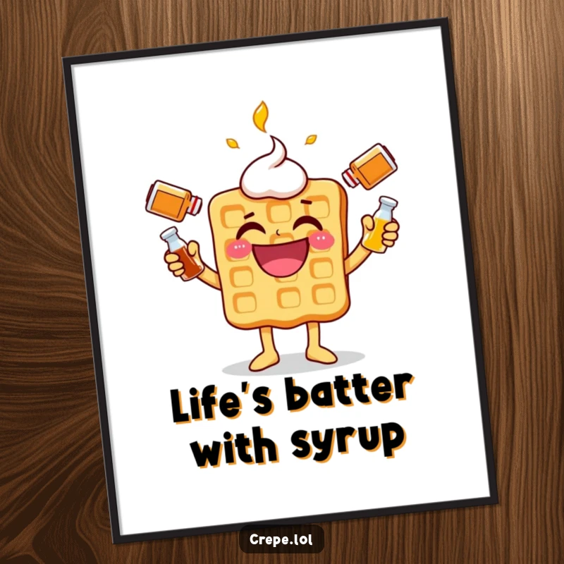 Funny Free Printable Wall Art: Joyful waffle character juggles syrup bottles with a wide grin, adding humor to decor.