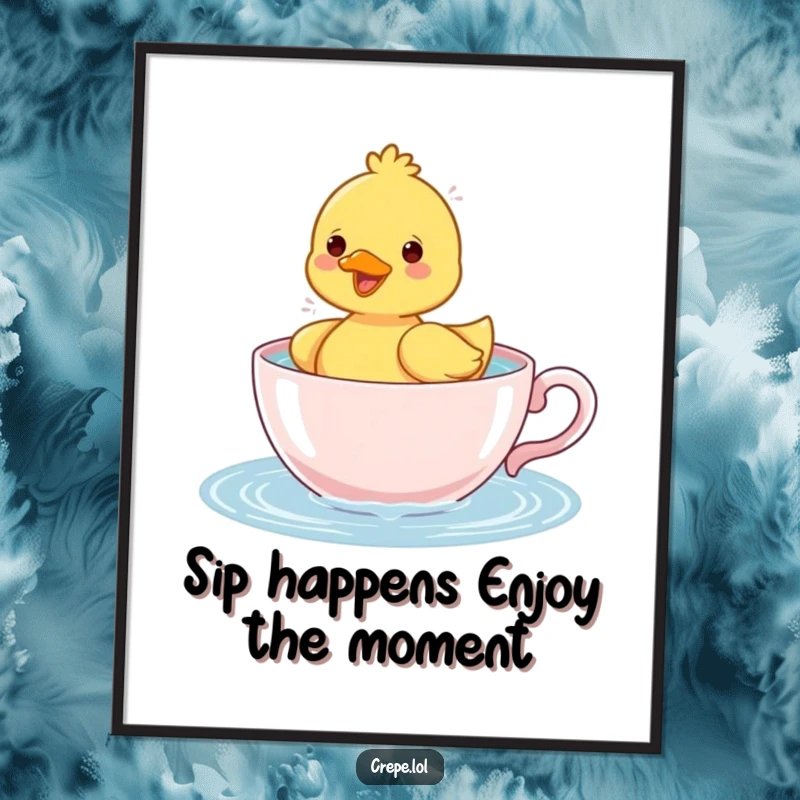 Funny Free Printable Wall Art: A cheerful duckling gleefully splashing water while paddling inside a teacup, a cute scene.