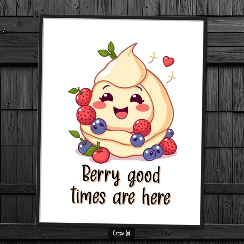 Funny Free Printable Wall Art: A smiley crepe with berries twirling around creates sweet and humorous downloadable art for your home.