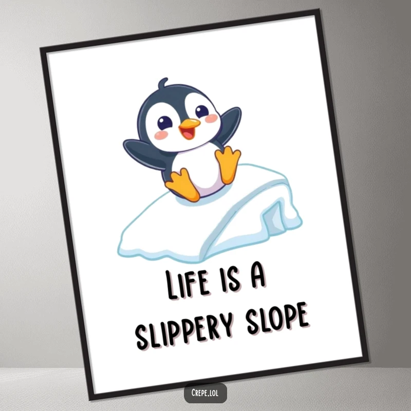 Funny free printable wall art featuring a playful penguin with a grin sliding down an icy ramp, cool and quirky decor.