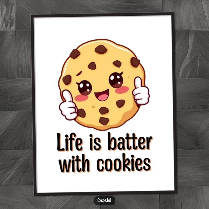 Funny Free Printable Wall Art: A joyful chocolate chip cookie proudly gives a thumbs up illustration for decor.