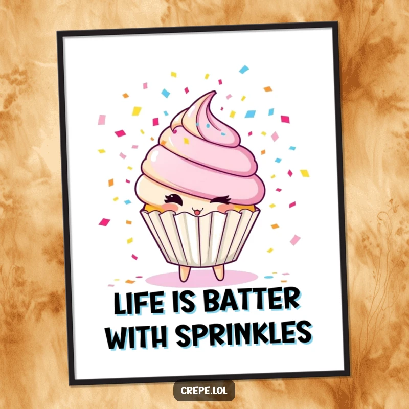Funny Free Printable Wall Art: A winking cupcake character blowing a shower of colorful confetti, adding a festive and joyful element.