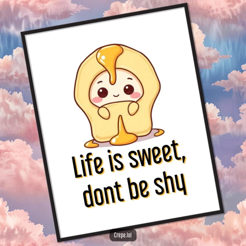 Funny Free Printable Wall Art featuring a shy banana crepe hiding behind a drizzle of syrup, looking endearing.