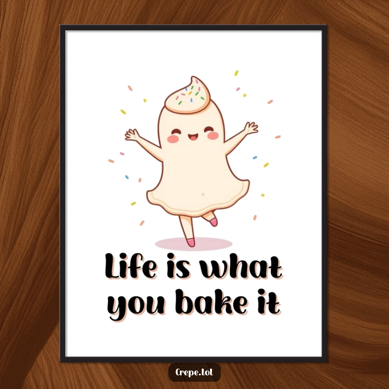 Funny Free Printable Wall Art illustrating a delighted crepe performing a ballet twirl, surrounded by playful sprinkles.