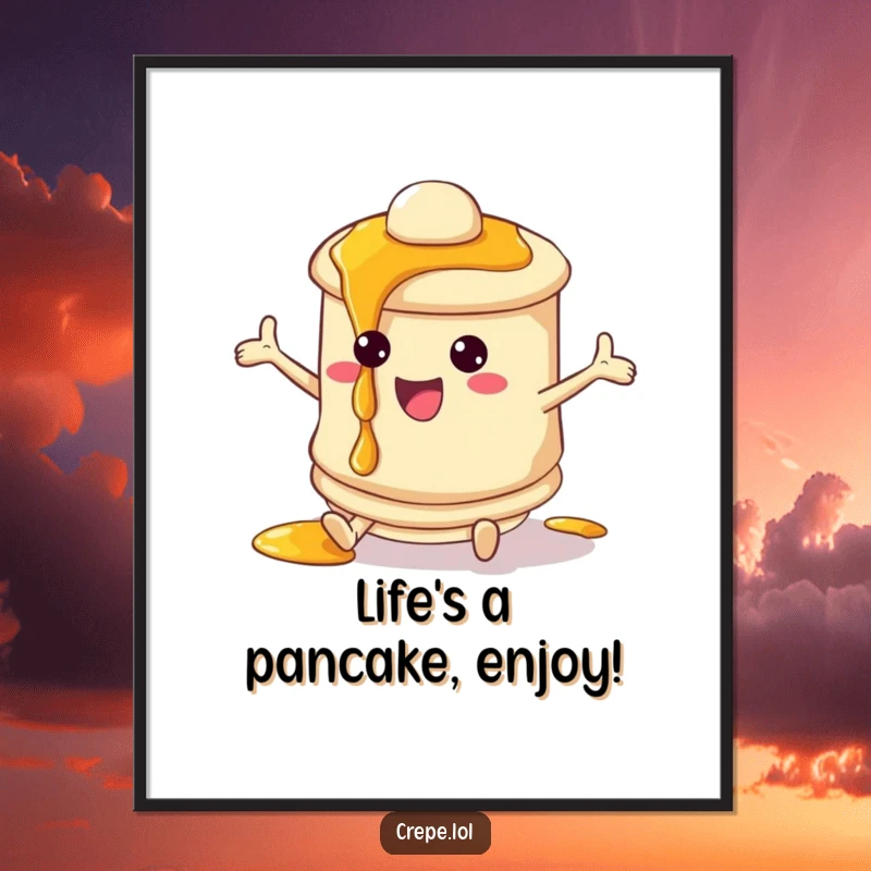 Funny Free Printable Wall Art: A joyful pancake character bouncing with syrup dripping playfully.