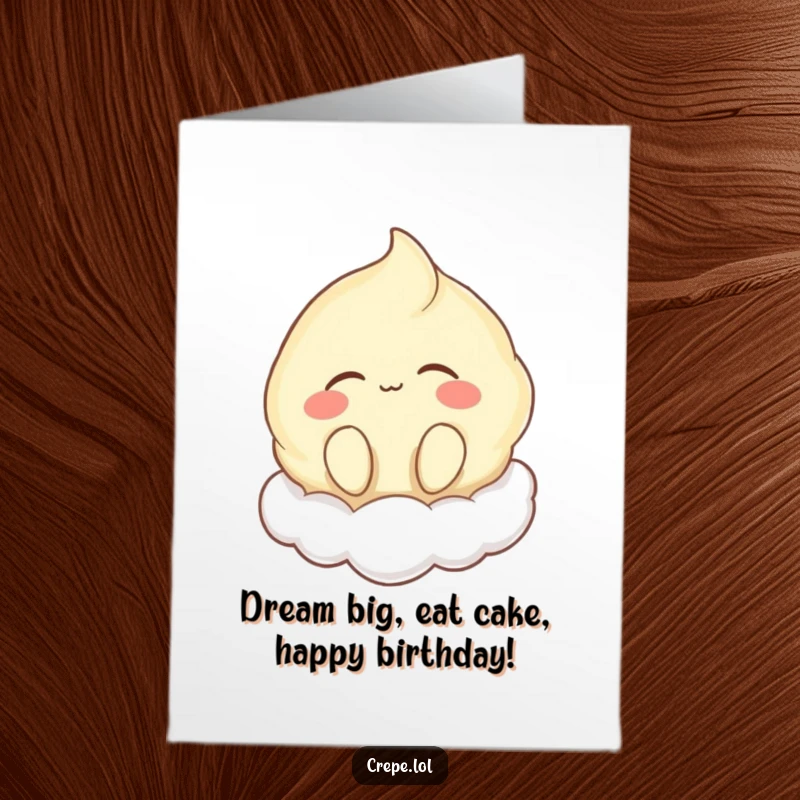 Funny Free Printable Birthday Card showing a content crepe with closed eyes, happily humming while floating serenely on a soft cloud.