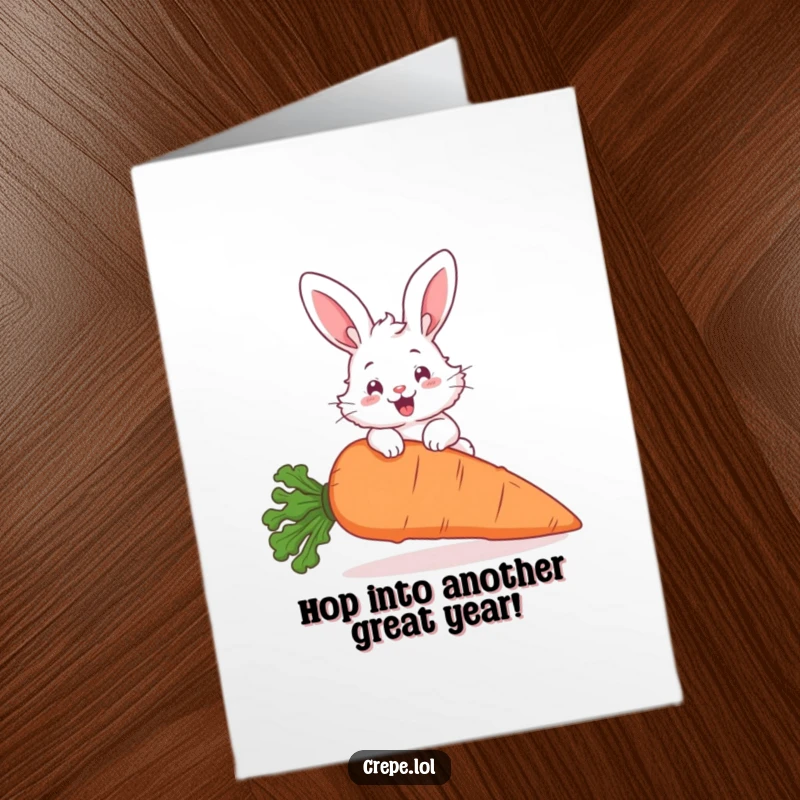 Funny Free Printable Birthday Card: A fluffy bunny with big ears enthusiastically hopping over a giant carrot, full of life.