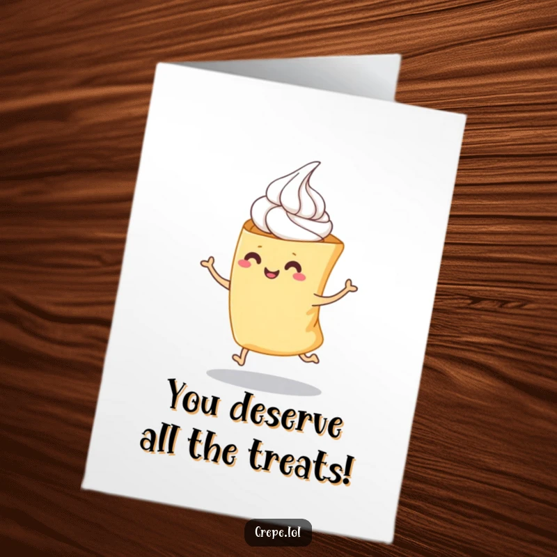 Funny Free Printable Birthday Card: A folded crepe with whipped cream doing a playful hop, spreading birthday joy.