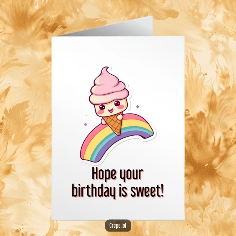 Funny free printable birthday card with a playful ice cream cone character joyfully sliding down a vibrant rainbow.