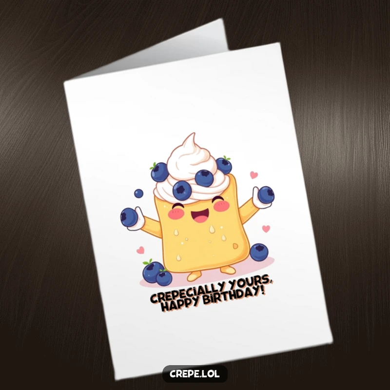 Funny Free Printable Birthday Card featuring a cheerful crepe with whipped cream arms juggling blueberries with a silly grin.