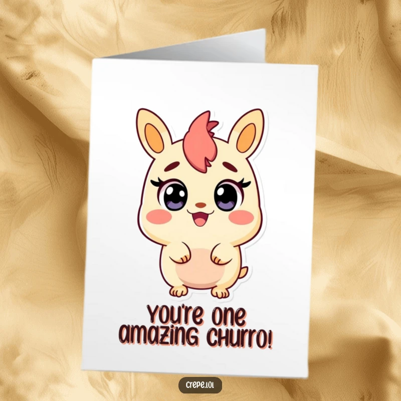 Funny free printable birthday card showing a surprised churro character with wide, ecstatic eyes, ready to celebrate big.