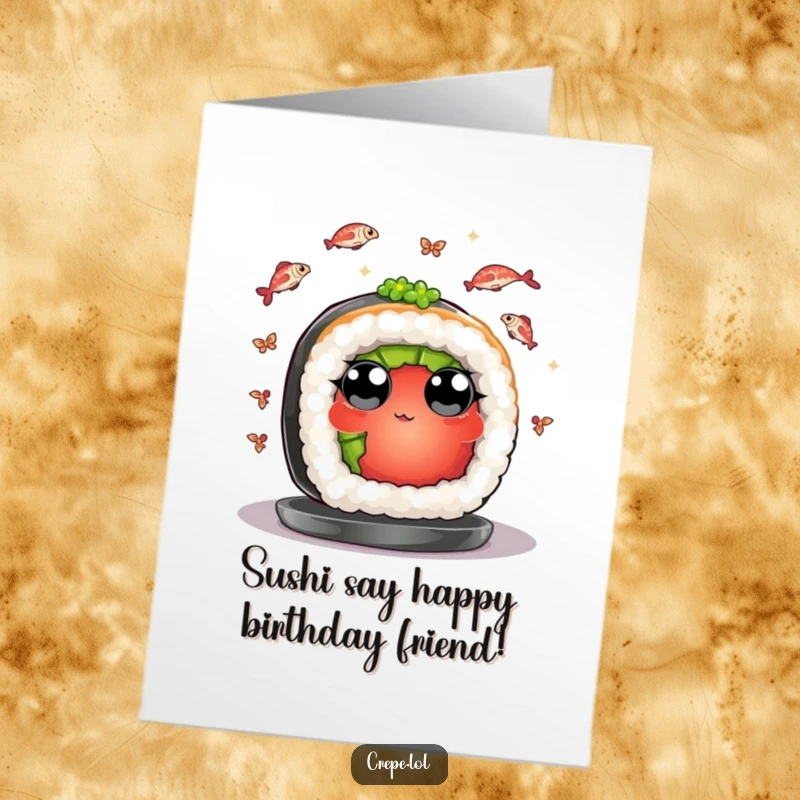 Funny Free Printable Birthday Card: A piece of sushi with wide eyes joyfully juggles tiny fish, celebrating with flair!