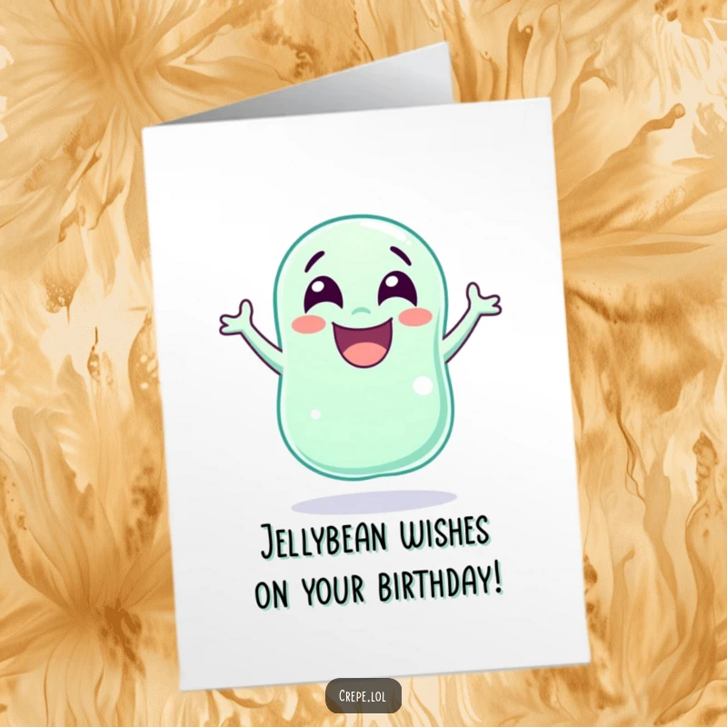 Funny Free Printable Jellybean Birthday Card: A laughing jellybean with wide eyes jumps with pure delight.