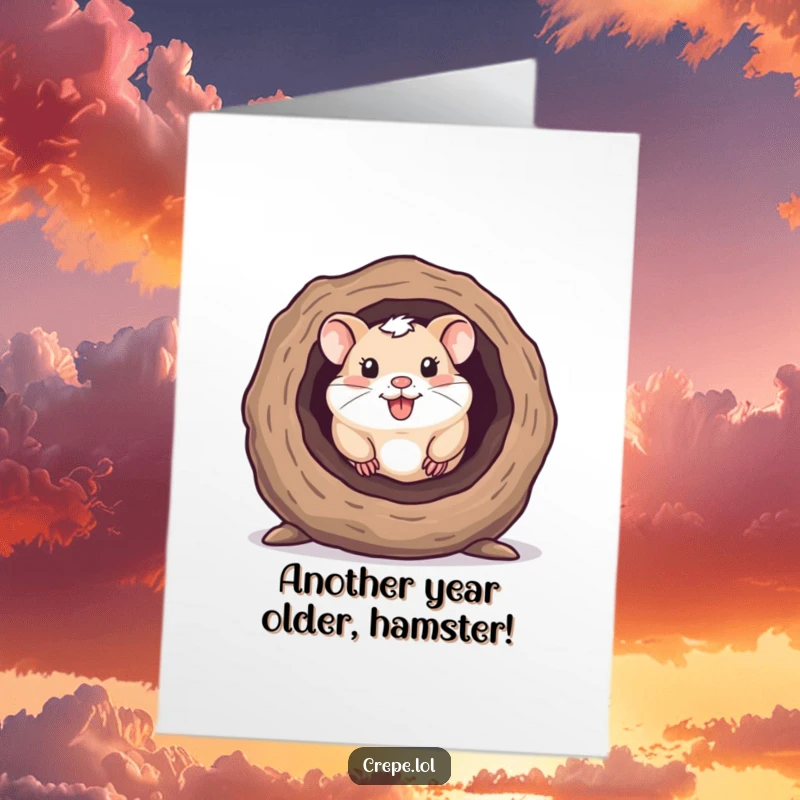 Funny free printable birthday card: a happy hamster with a curious expression peeks out from the entrance of a hollow log.