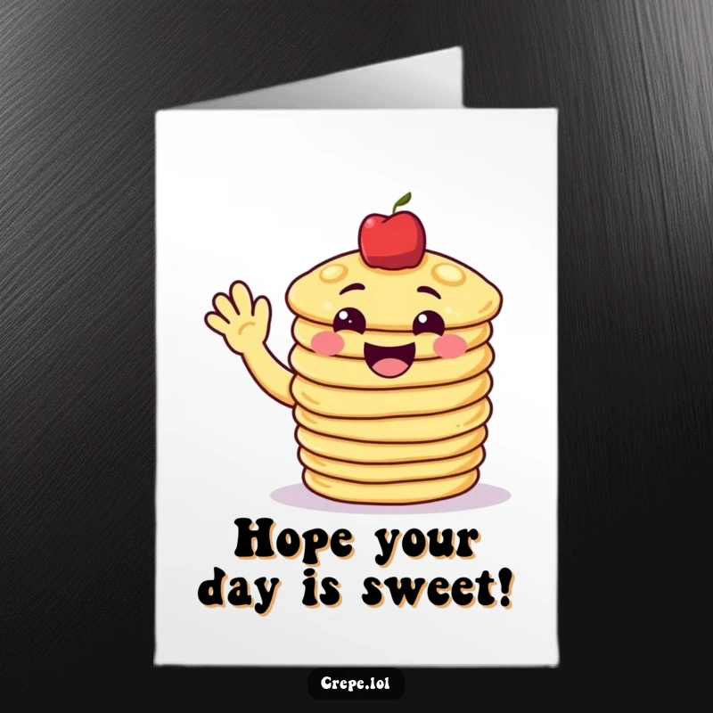 Funny Free Printable Birthday Card: A grinning pancake stack waves hello with cheer. Sweet, downloadable birthday fun.
