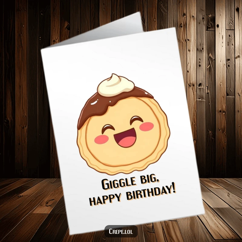 Funny Free Printable Birthday Card showing a happy chocolate crepe with a wide mouth giggling with frosting, full of glee.
