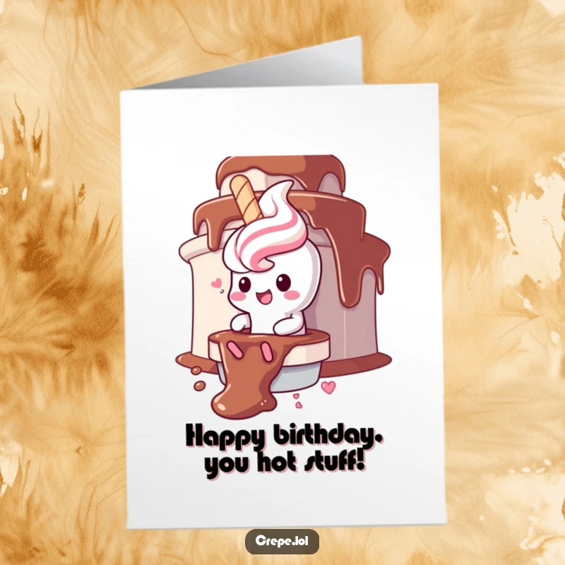 Funny Free Printable Birthday Card: Gleeful churro character sliding down a chocolate fountain, perfect for birthday wishes.