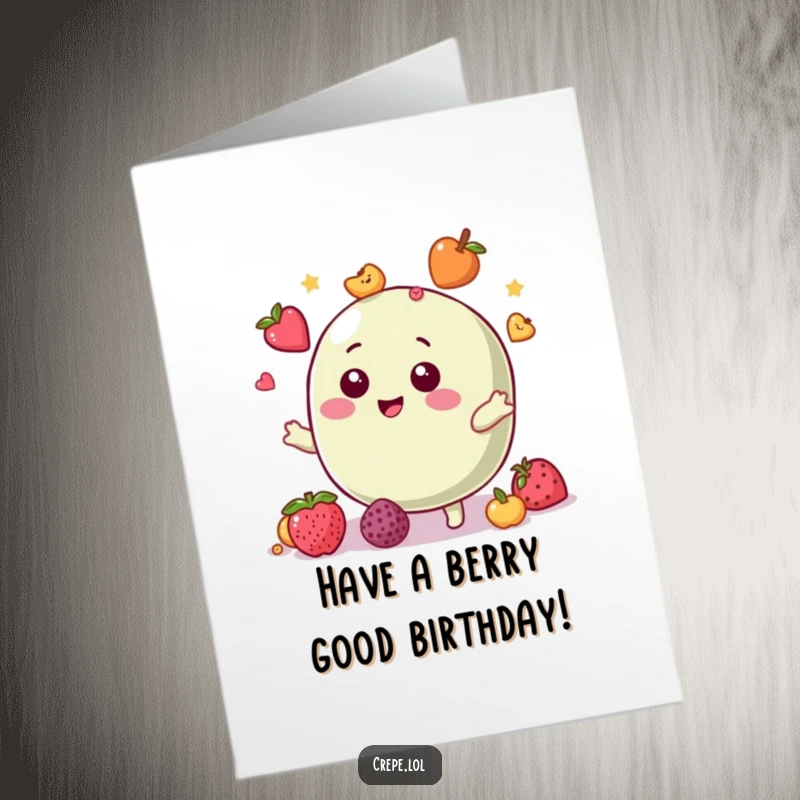Funny free printable birthday card featuring a giggling macaron character playfully juggling assorted small fruit toppings with delight.