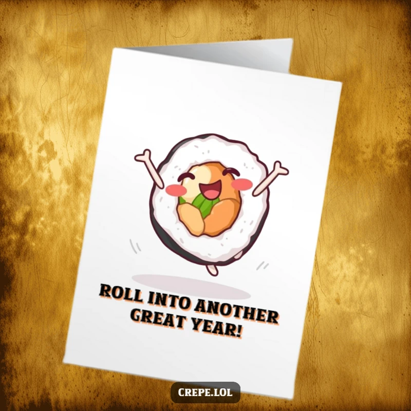 Funny Free Printable Birthday Card: Delighted sushi roll doing a joyful cartwheel, spreading laughter and birthday cheer.