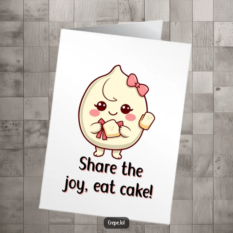 Funny Free Printable Birthday Card showing a smiling crepe charitably offering a piece of itself, presented with a neat bow.