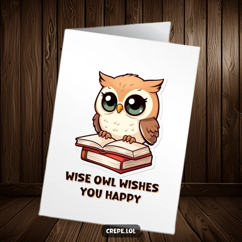 Funny Free Printable Birthday Card: Wide-eyed owl on book, amazed expression, perfect for book lovers, download and print.