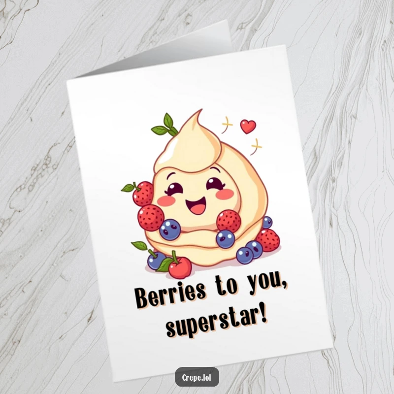 Funny Free Printable Congratulations Card: A smiley crepe surrounded by twirling berries symbolizes sweet success in a humorous, downloadable greeting.