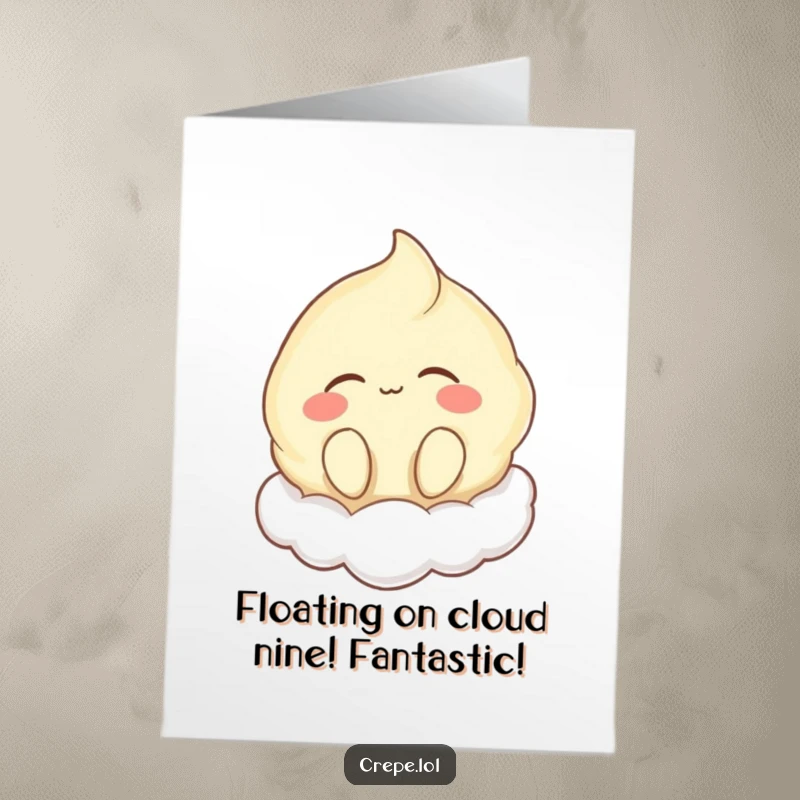 Funny Free Printable Congratulations Card featuring a content crepe humming joyfully while floating peacefully on a fluffy cloud.