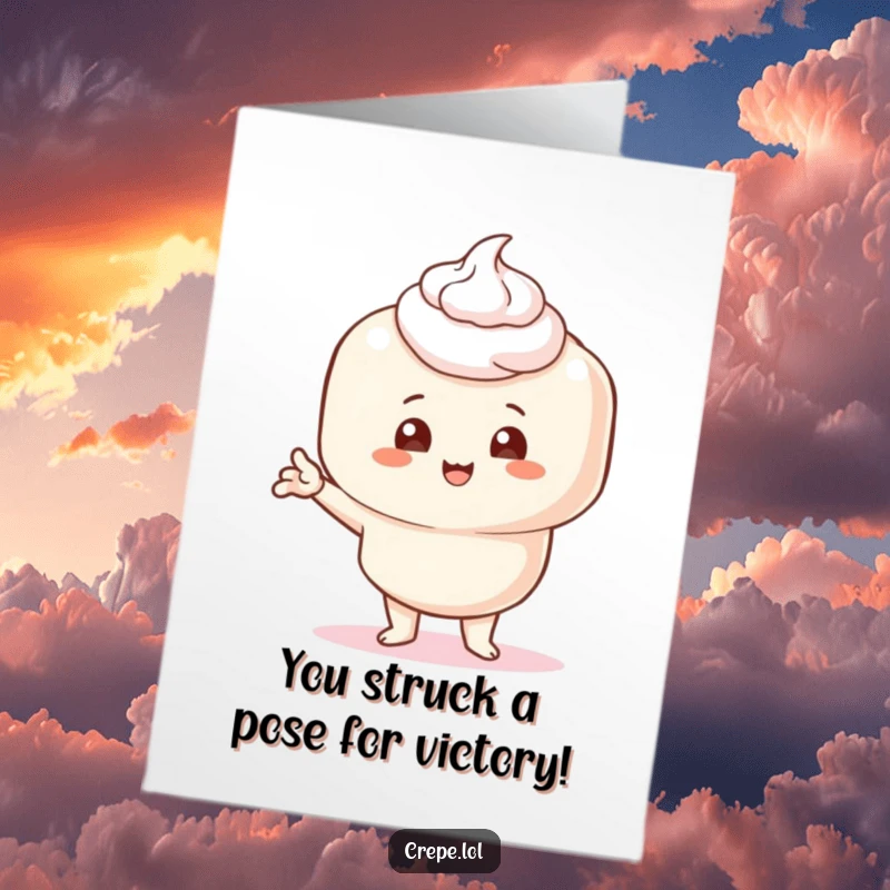 Funny Free Printable Congratulations Card: A crepe with cream strikes a comical pose, celebrating your fantastic success.