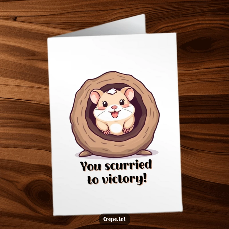 Funny free printable congratulations card: a happy hamster peeks out from a hollow log, signaling delightful news and success.