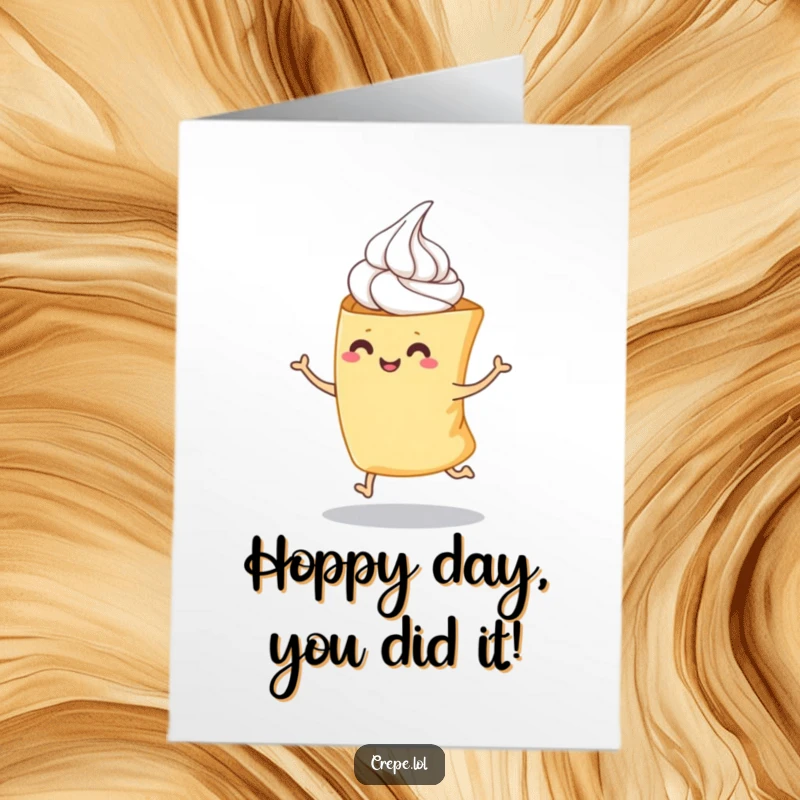 Funny Free Printable Congratulations Card: A whipped cream topped crepe taking a playful hop, celebrating achievements.