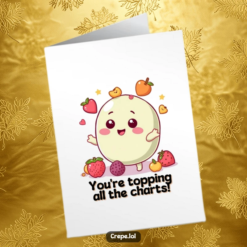 Funny free printable congratulations card showing a giggling macaron character deftly juggling small fruit toppings in celebration.