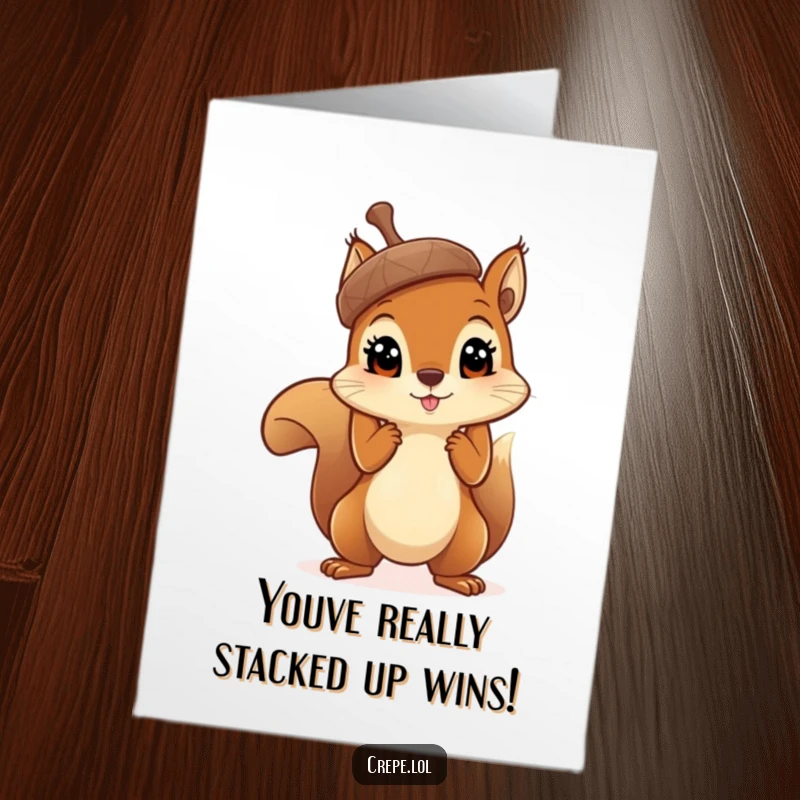 Funny Free Printable Congratulations Card: A curious squirrel with large eyes triumphantly holding a huge acorn aloft, symbolizing a great find.