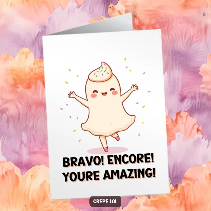 Funny Free Printable Congratulations Card featuring a delighted crepe spinning joyfully, showered with sprinkles, celebrating a win.
