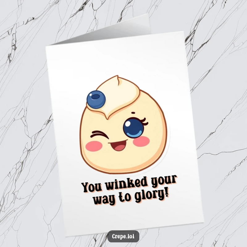 Funny Free Printable Congratulations Card: A crepe with a blueberry eye gives a knowing, joyful wink for your achievement.