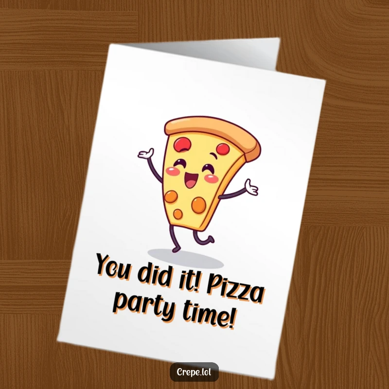 Funny Free Printable Congratulations Card: A delighted pizza slice character joyfully dancing to celebrate amazing achievements.
