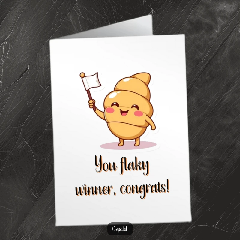 Funny Free Printable Croissant Card: Smiling croissant character winks and waves a tiny flag to congratulate someone on their success.