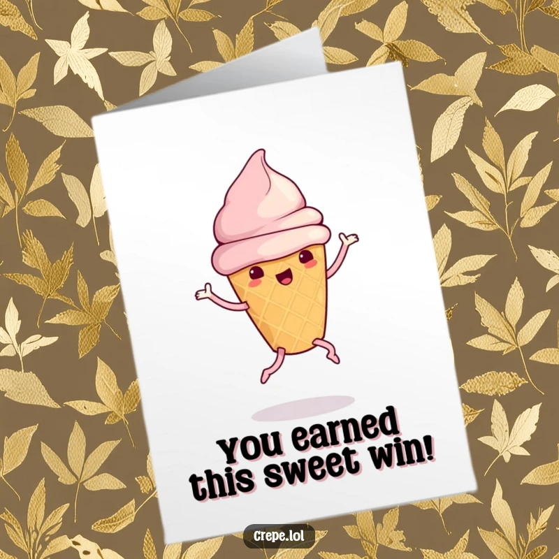 Funny Free Printable Congratulations Card: A cute ice cream cone with legs dances joyfully, celebrating a sweet achievement.