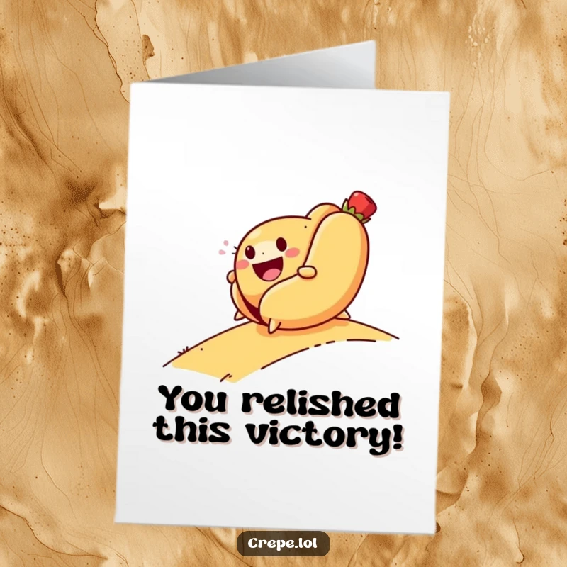 Funny Free Printable Congratulations Card: A smiling hot dog rolls down a hill with glee, celebrating your amazing success!