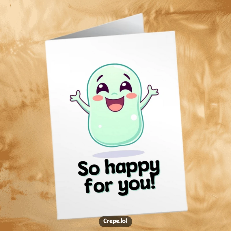Funny Free Printable Jellybean Congratulations Card: A wide-eyed jellybean jumps gleefully for joy.