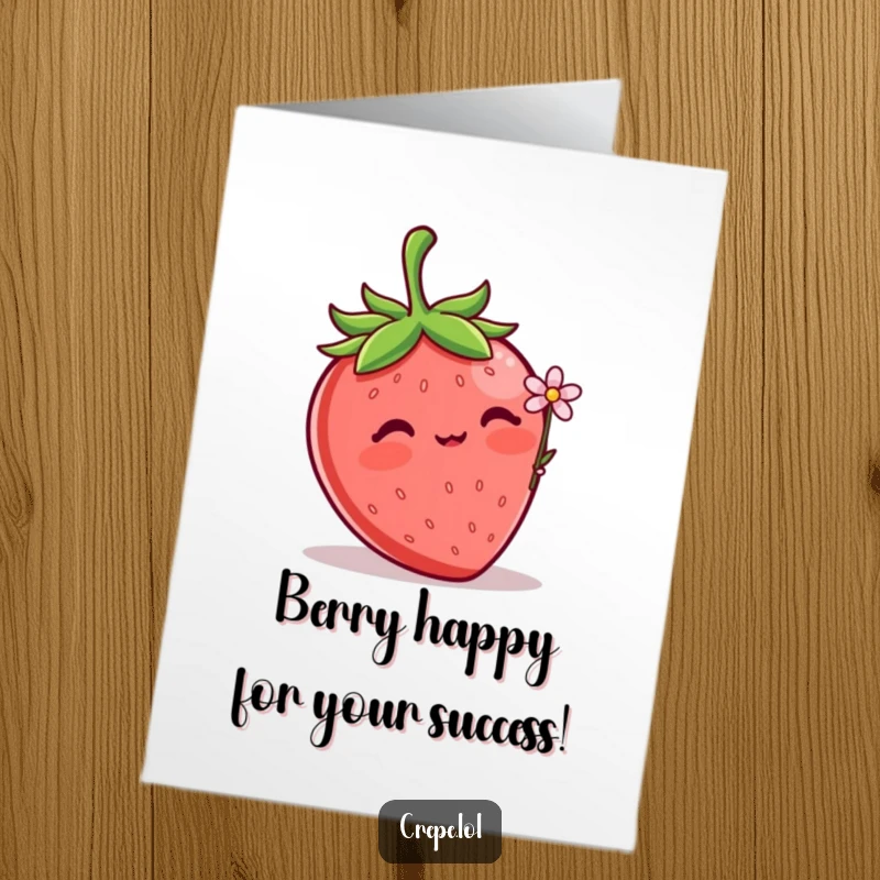 Funny Free Printable Congrats Card: A blushing strawberry presents a tiny flower, symbolizing congratulations and sweet success.