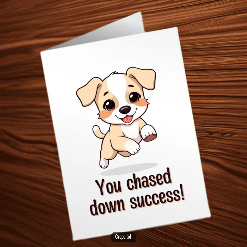 Funny free printable congratulations card: a puppy with floppy ears excitedly chases its tail, symbolizing a whirlwind of success.