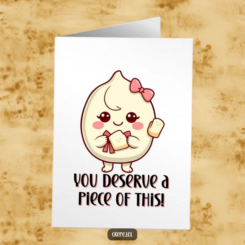 Funny Free Printable Congratulations Card featuring a smiling crepe kindly offering a piece of itself, tied with a charming bow.