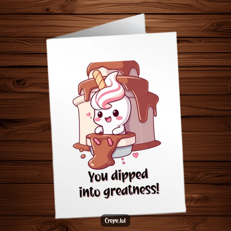 Funny Free Printable Congrats Card: Gleeful churro character sliding down a chocolate fountain, celebrating success with humor.