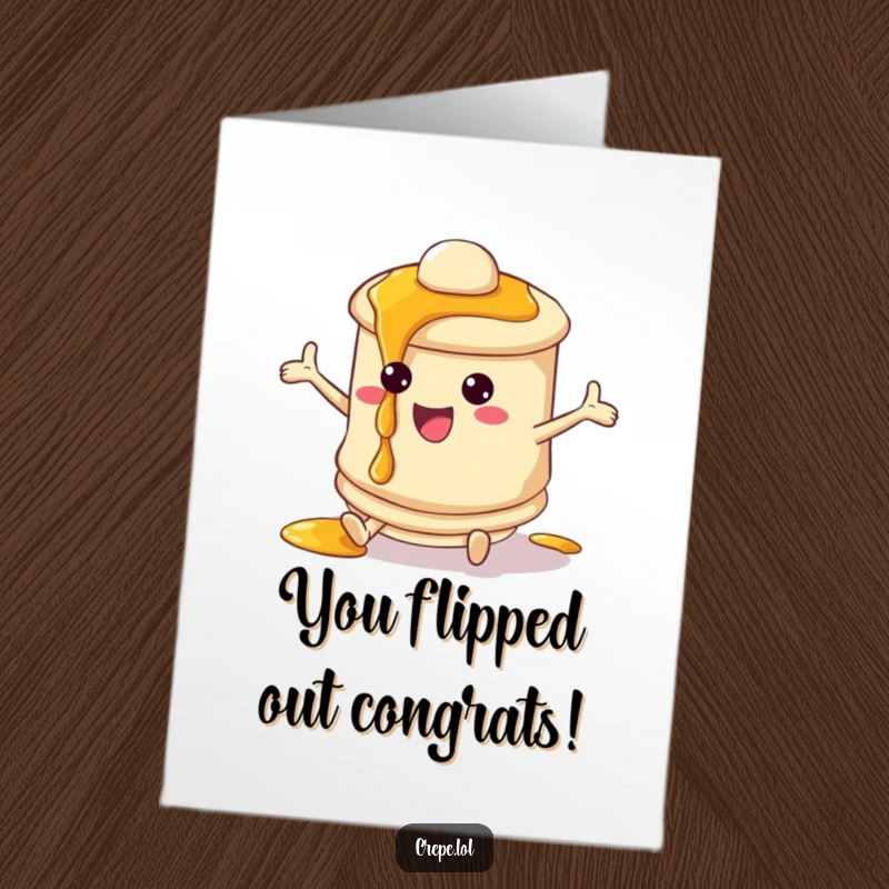 Funny Free Printable Congratulations Card: A cheerful pancake character gleefully bouncing with syrup dripping playfully.