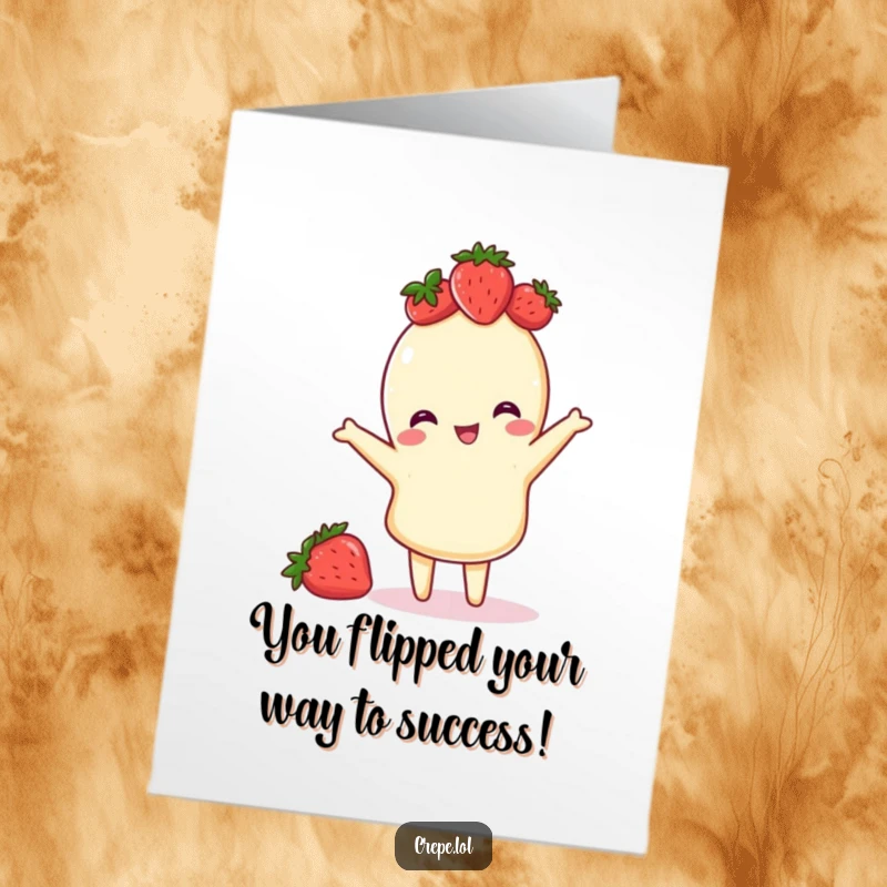 Funny Free Printable Congratulations Card: A crepe with a strawberry crown performs a playful flip, celebrating your big win.