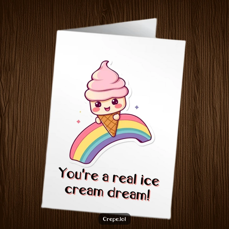 Funny free printable congratulations card showing a playful ice cream cone character sliding down a rainbow to mark success.
