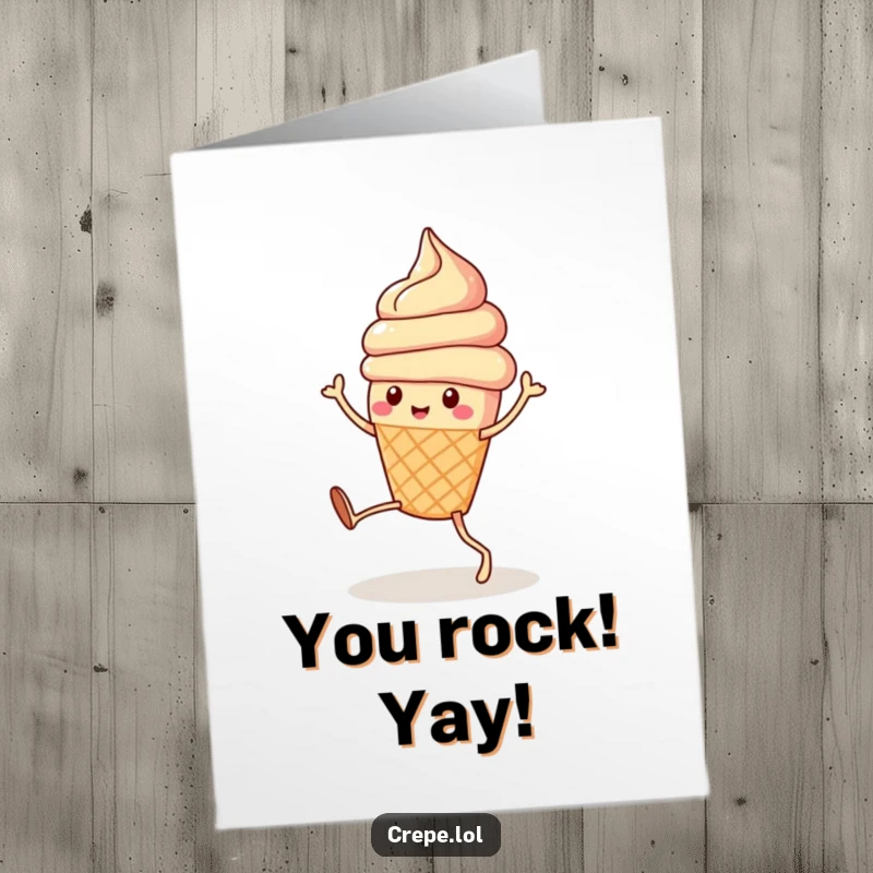 Funny Free Printable Ice Cream Congratulations Card: A cute ice cream cone with legs does a quirky, celebratory dance.