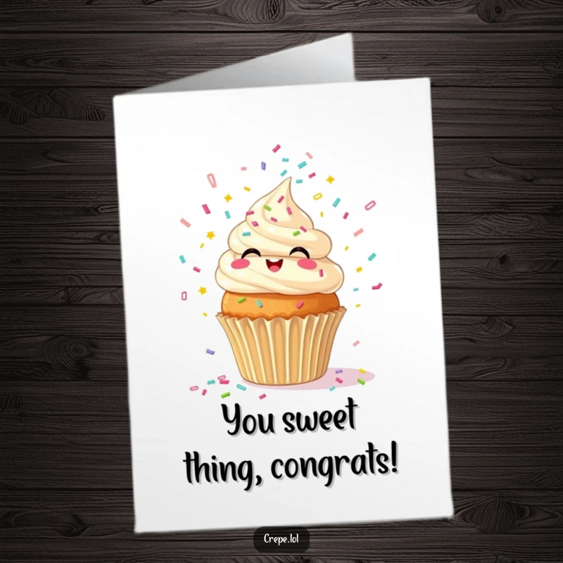 Funny Free Printable Congratulations Card featuring a cheerful cupcake giggling as it shoots confetti, celebrating success.