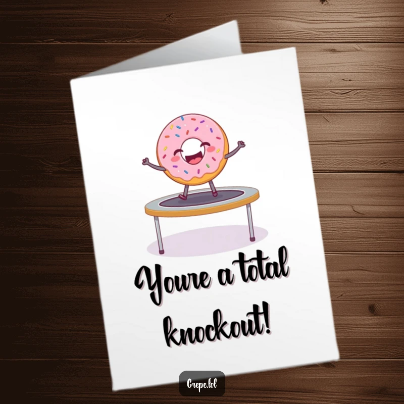 Funny Free Printable Congratulations Card: A delighted donut bounces high on a trampoline, celebrating success with sprinkles.